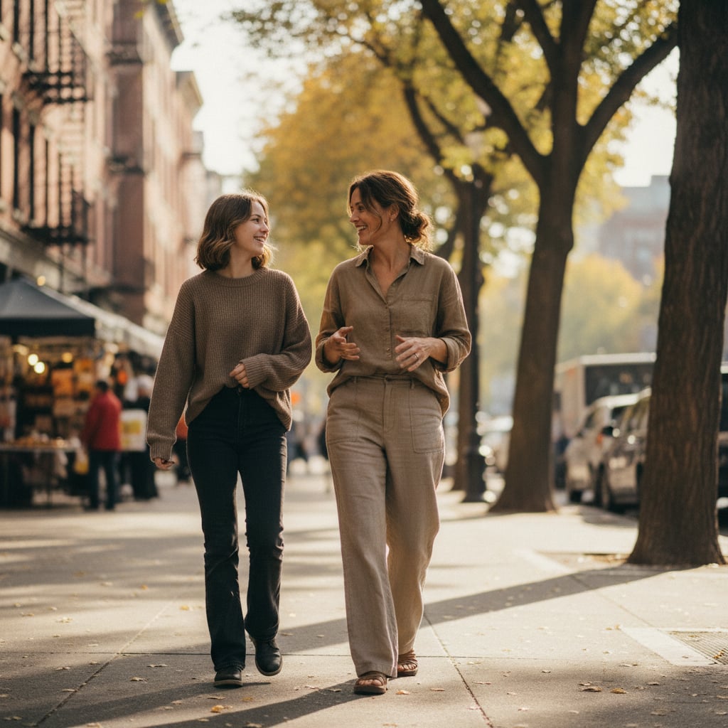 A mother and her teenage daughter walking together along a tree-lined city sidewalk in late-afternoon light.