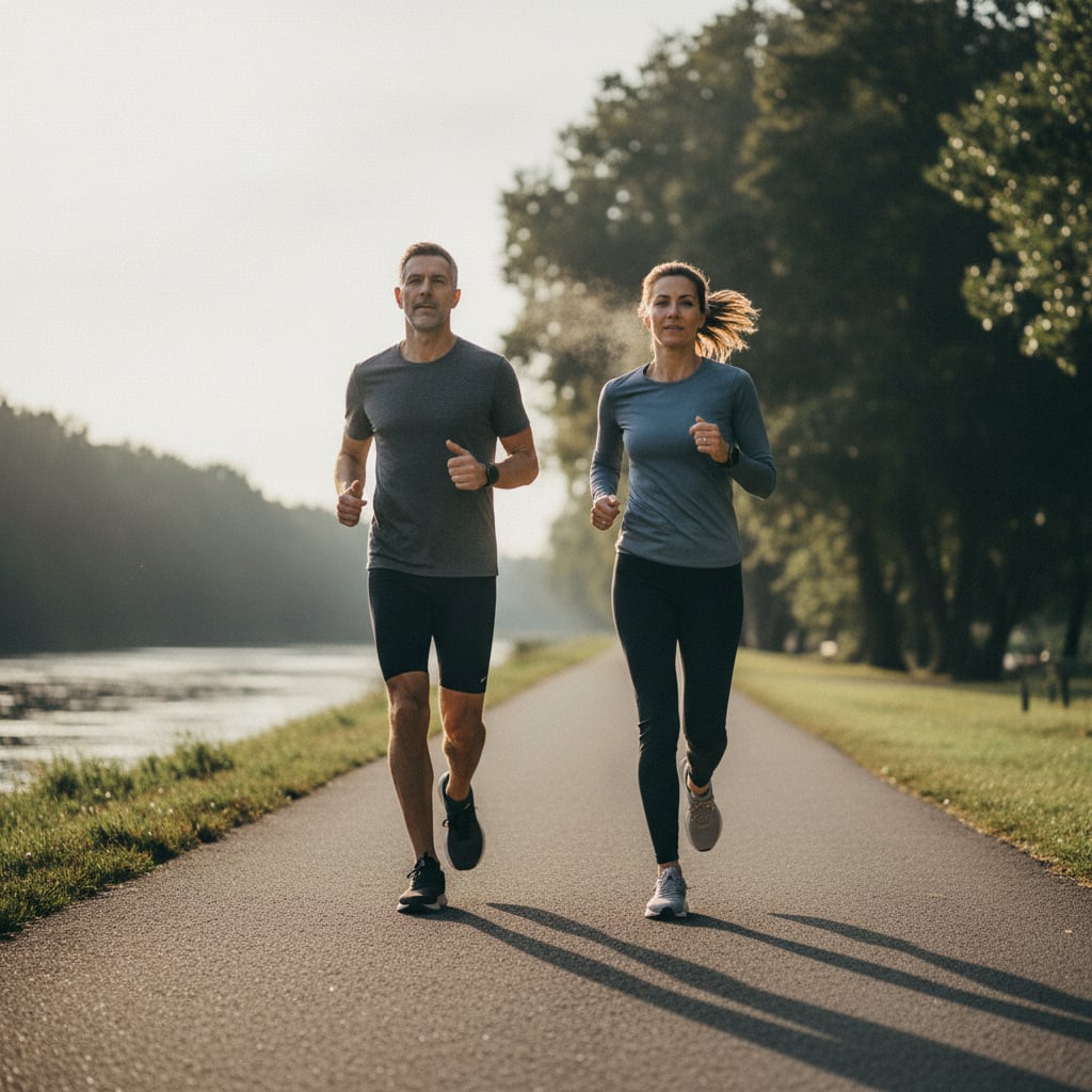 A man and woman in their early 40s, both fit and athletic, jogging along a riverside path at golden hour.