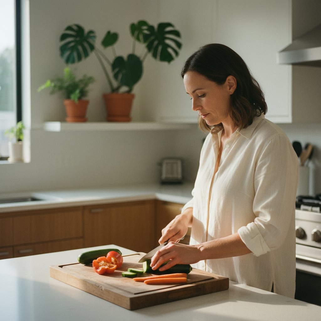 A woman in her late 40s standing in a sunlit kitchen, slicing fresh vegetables on a cutting board.