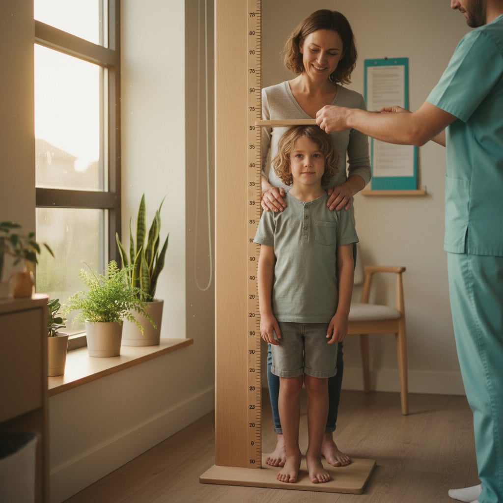A pediatric endocrinology examination room: a young child being measured against a wall stadiometer with a parent and clinician present.