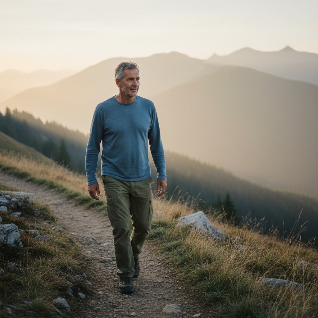 A man in his early 50s walking up a hillside trail at golden hour, steady pace.